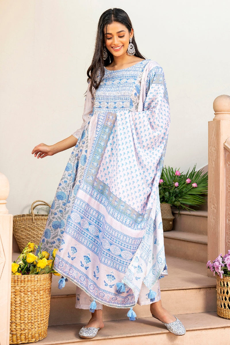 Gauhar Light Blue Embroidered Flared Kurta With Pant & Dupatta