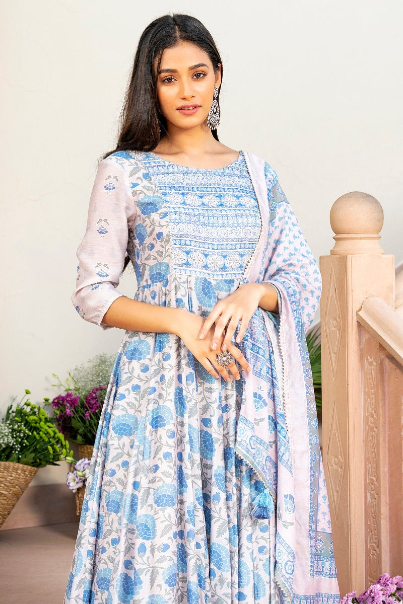 Gauhar Light Blue Embroidered Flared Kurta With Pant & Dupatta