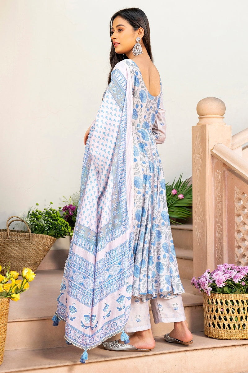 Gauhar Light Blue Embroidered Flared Kurta With Pant & Dupatta