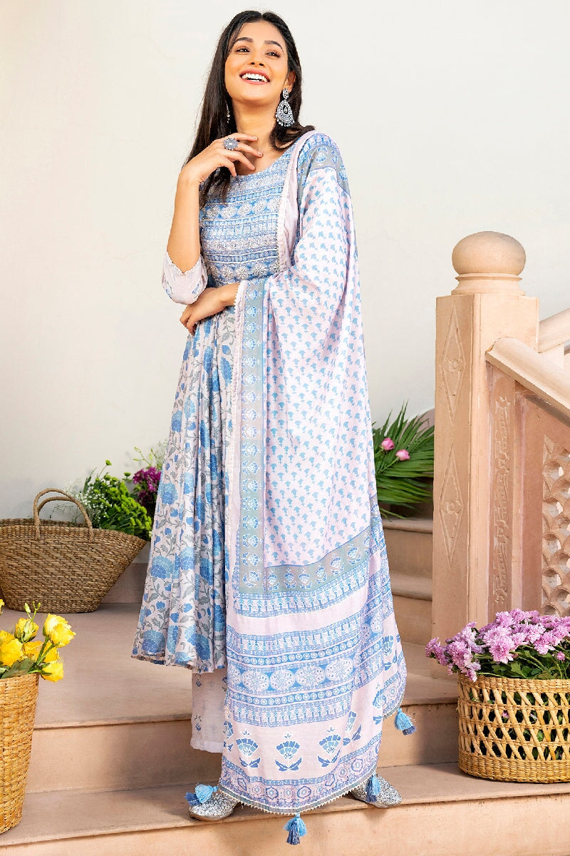 Gauhar Light Blue Embroidered Flared Kurta With Pant & Dupatta