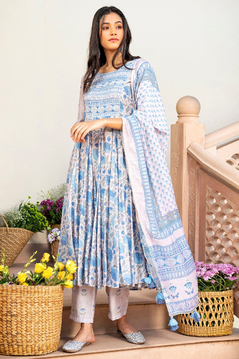 Gauhar Light Blue Embroidered Flared Kurta With Pant & Dupatta