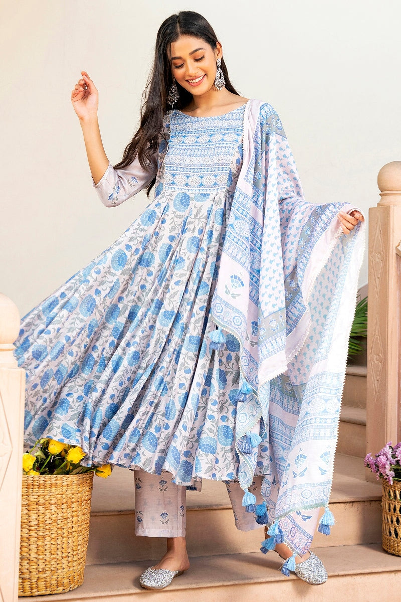 Gauhar Light Blue Embroidered Flared Kurta With Pant & Dupatta