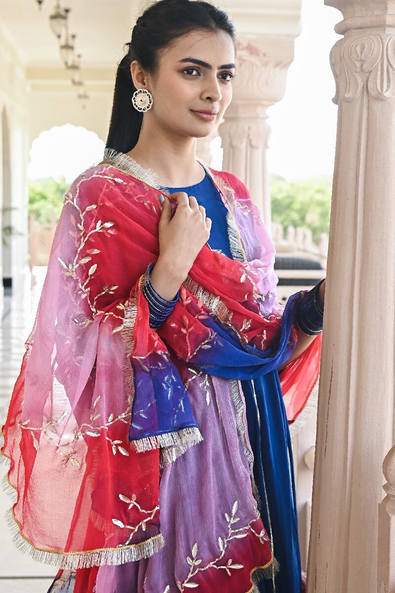Gauri Deep Blue Flared Gota Kurta With Sharara & Dupatta