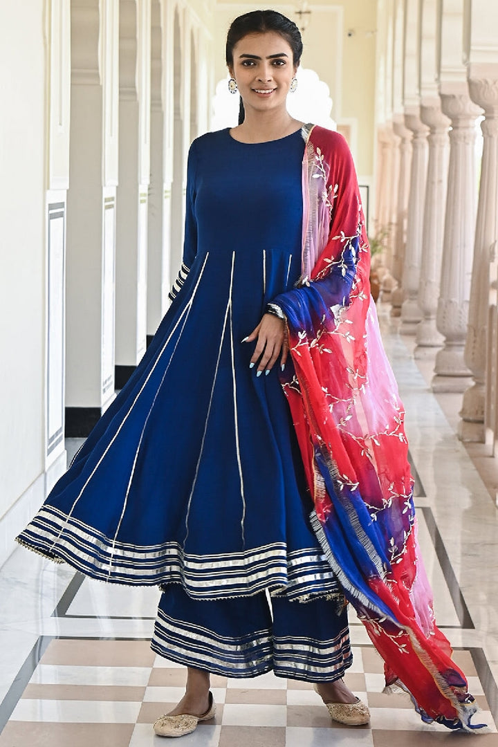 Gauri Deep Blue Flared Gota Kurta With Sharara & Dupatta