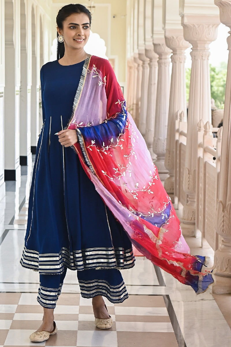 Gauri Deep Blue Flared Gota Kurta With Sharara & Dupatta