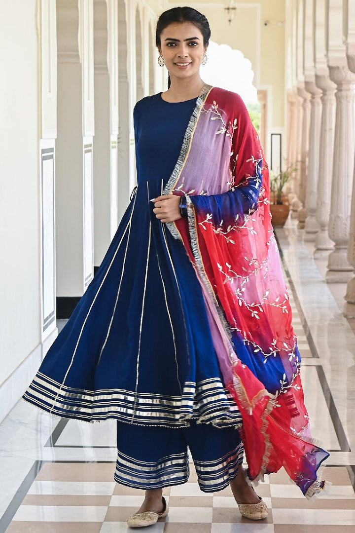 Gauri Deep Blue Flared Gota Kurta With Sharara & Dupatta