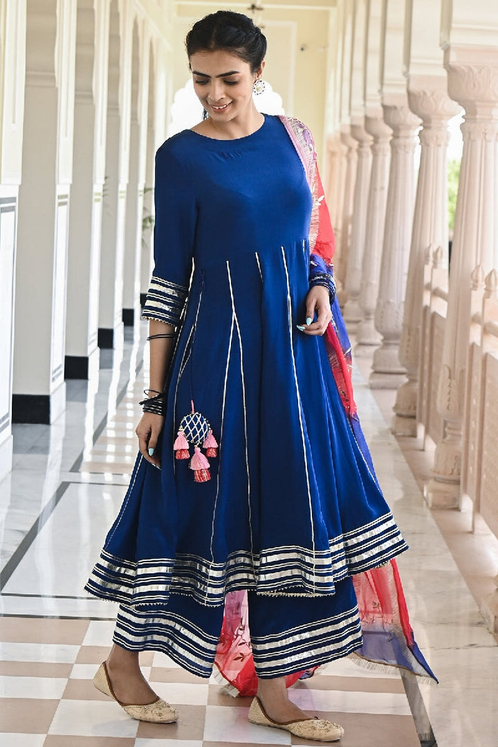 Gauri Deep Blue Flared Gota Kurta With Sharara & Dupatta