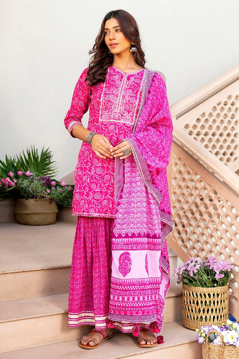 Gulbahar Printed Pink Embroidered Straight Kurta With Sharara & Dupatta