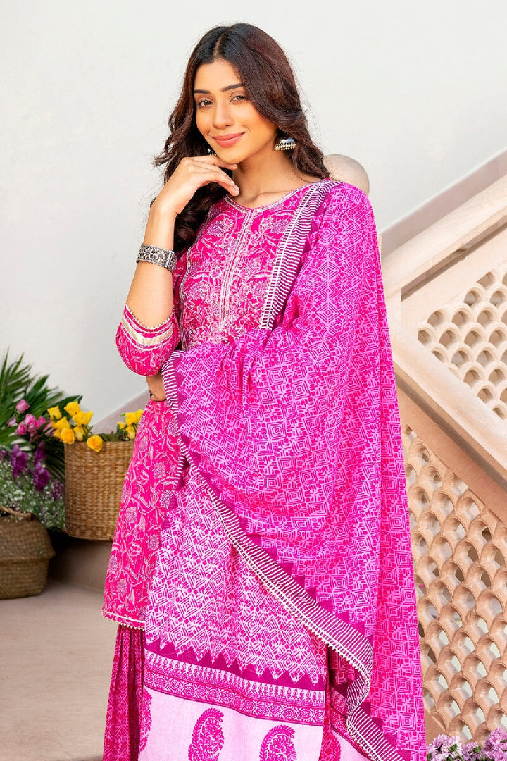 Gulbahar Printed Pink Embroidered Straight Kurta With Sharara & Dupatta