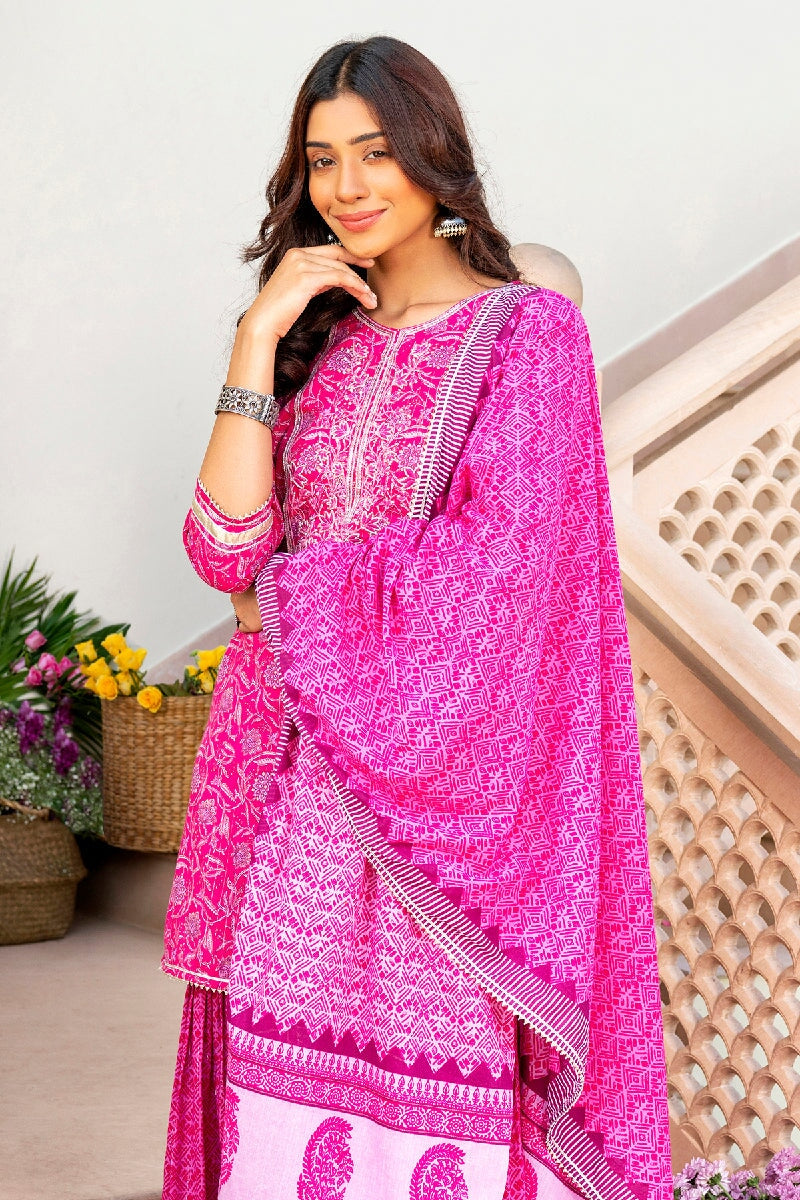 Gulbahar Printed Pink Embroidered Straight Kurta With Sharara & Dupatta