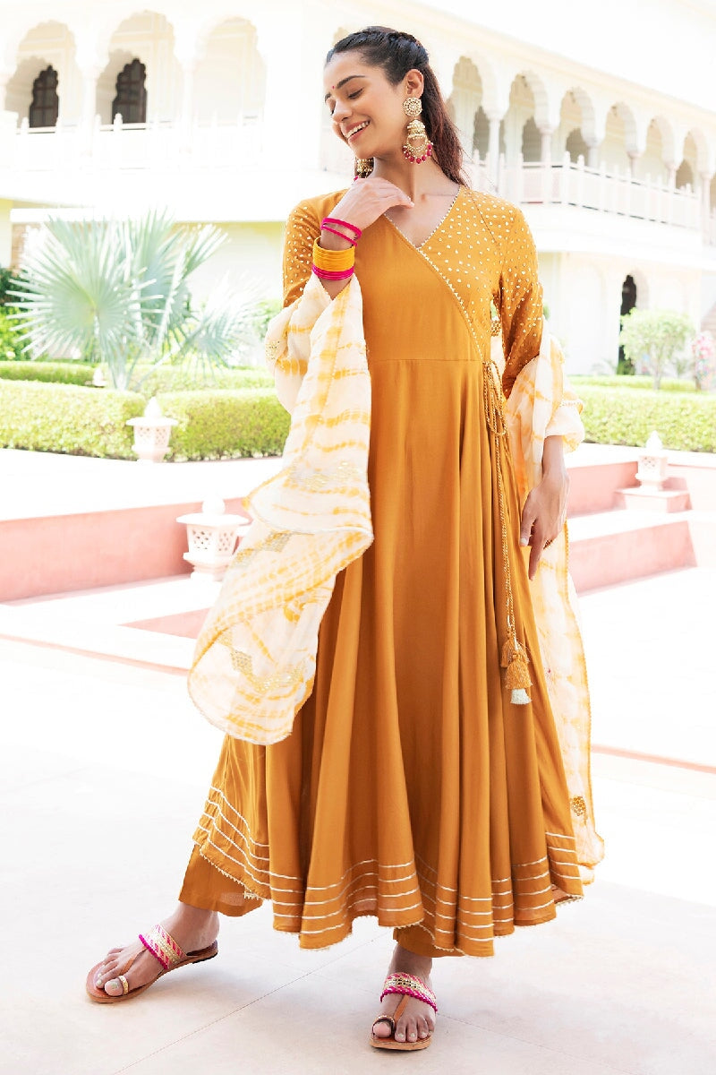 Gule Asharfi Gold Sequins Angrakha Kurta With Pant & Dupatta