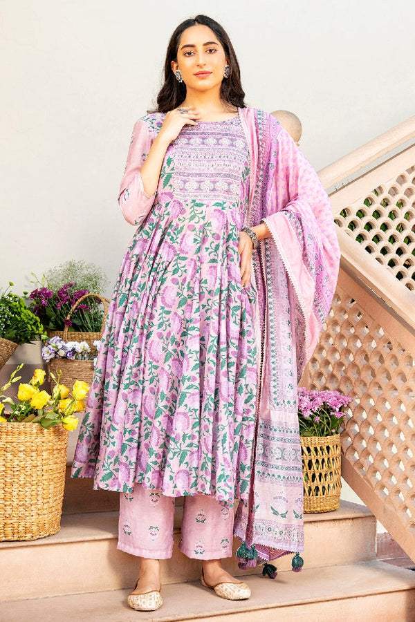 Gulshan Printed Pink Embroidered Flared Kurta With Pant & Dupatta