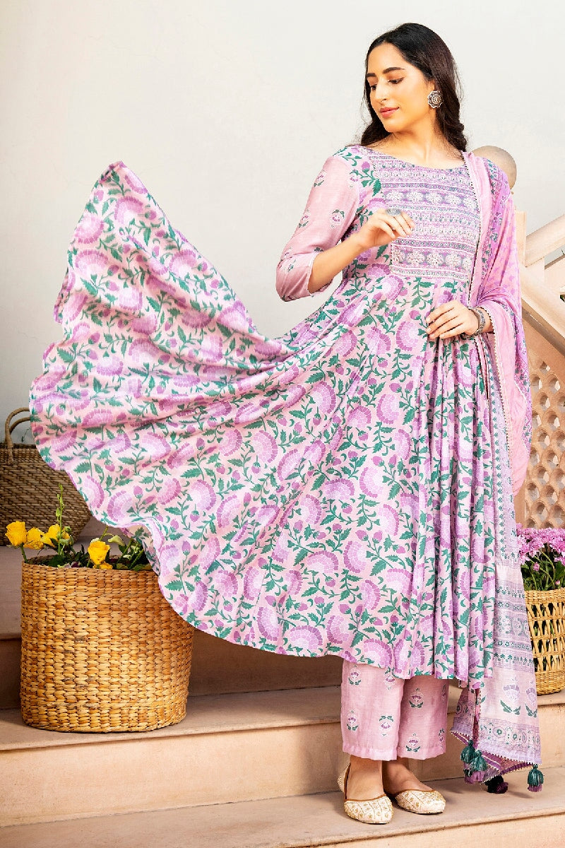 Gulshan Printed Pink Embroidered Flared Kurta With Pant & Dupatta