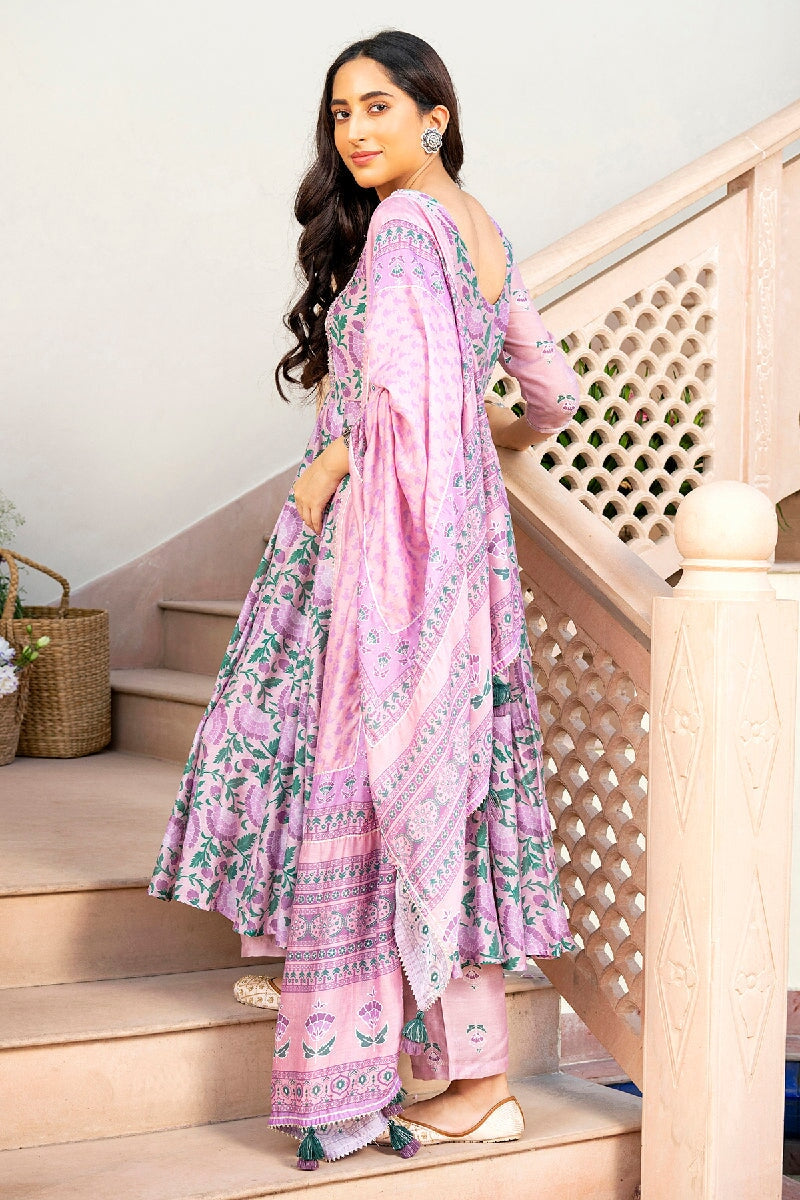 Gulshan Printed Pink Embroidered Flared Kurta With Pant & Dupatta