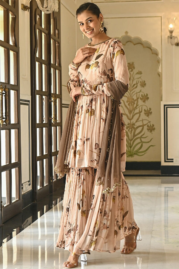 Hazel Printed Light Brown Sequins Flared  Kurta With Sharara & Dupatta