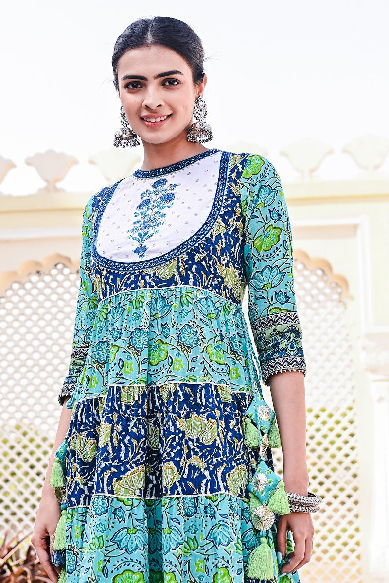 Jade Printed Blue-Green Embroidered Tiered Kurta With Pant & Dupatta