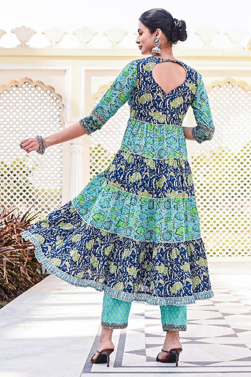 Jade Printed Blue-Green Embroidered Tiered Kurta With Pant & Dupatta