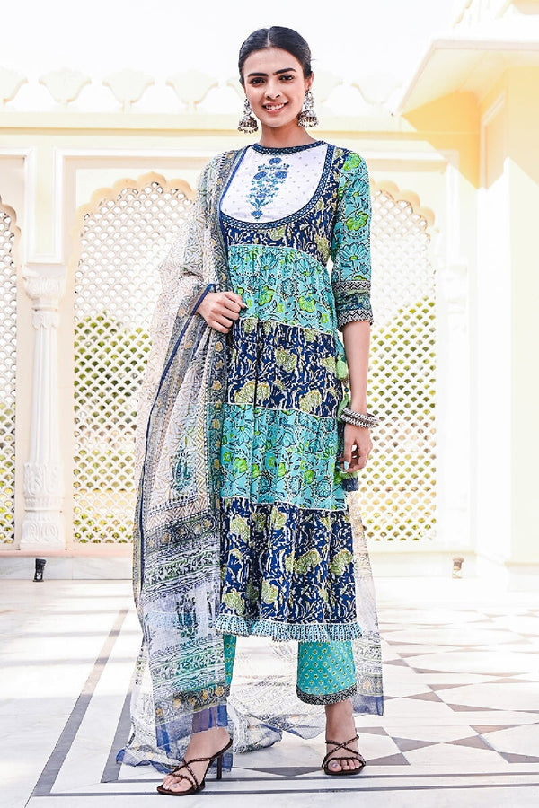 Jade Printed Blue-Green Embroidered Tiered Kurta With Pant & Dupatta