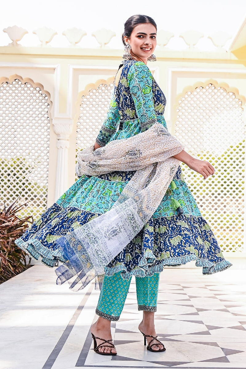 Jade Printed Blue-Green Embroidered Tiered Kurta With Pant & Dupatta