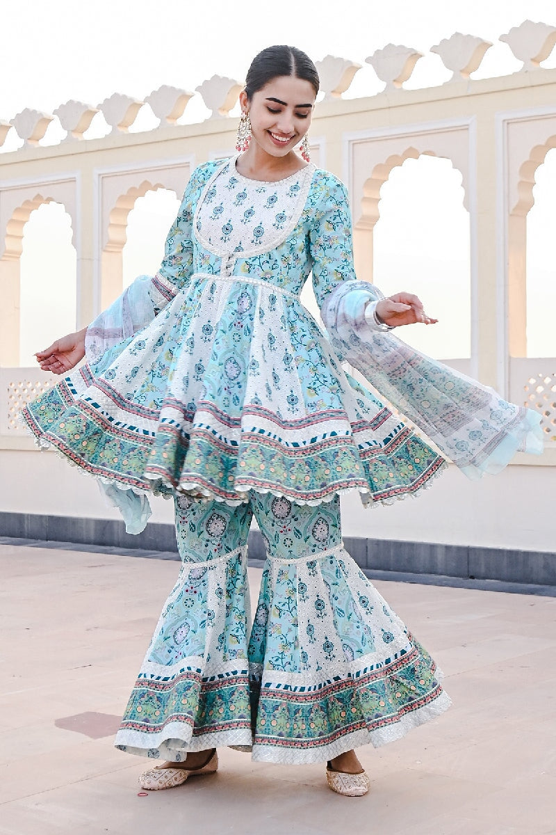 Jhoom Printed Blue-White Flared Kurta With Sharara & Dupatta