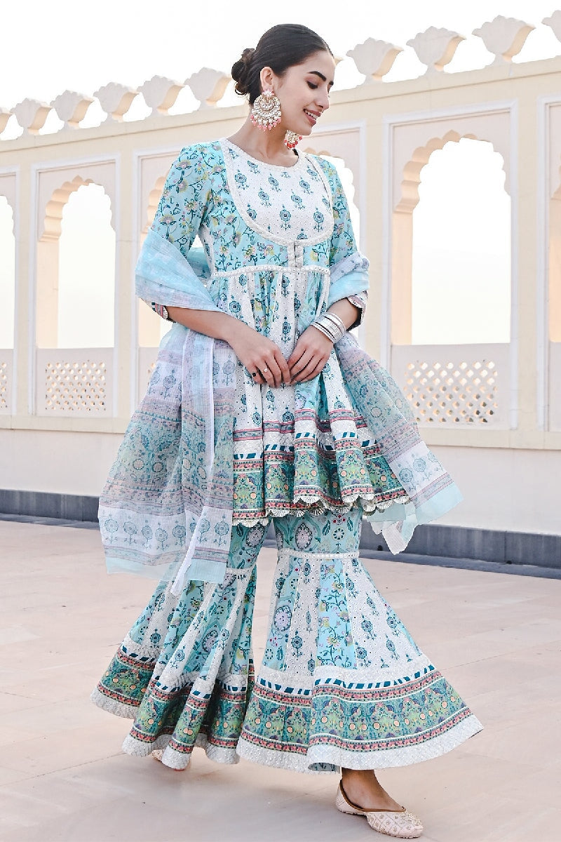 Jhoom Printed Blue-White Flared Kurta With Sharara & Dupatta