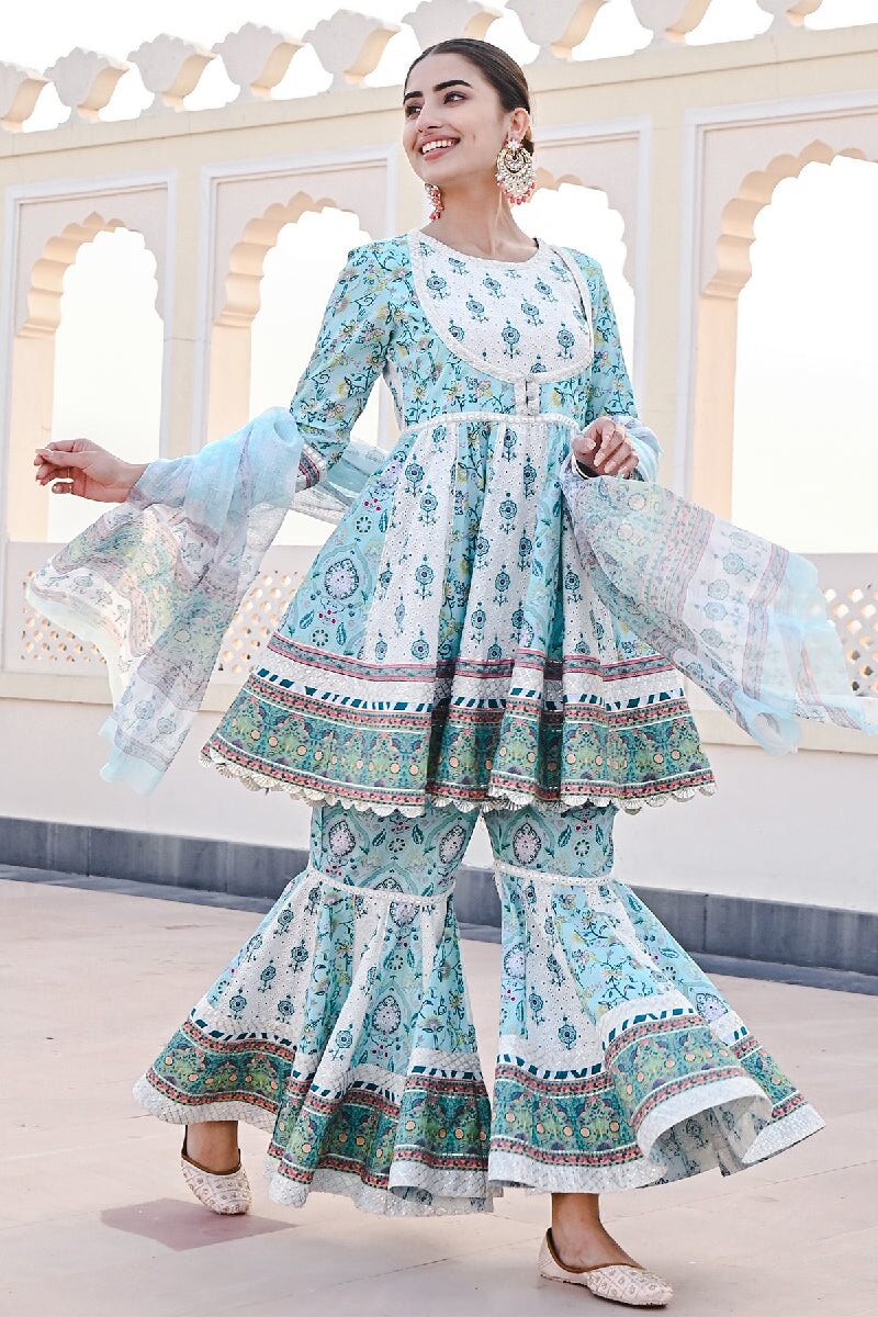 Jhoom Printed Blue-White Flared Kurta With Sharara & Dupatta