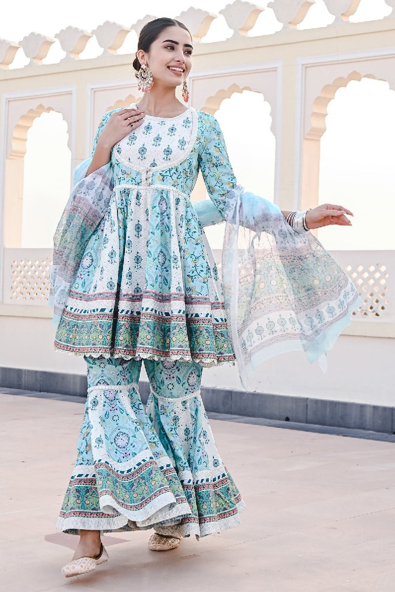 Jhoom Printed Blue-White Flared Kurta With Sharara & Dupatta