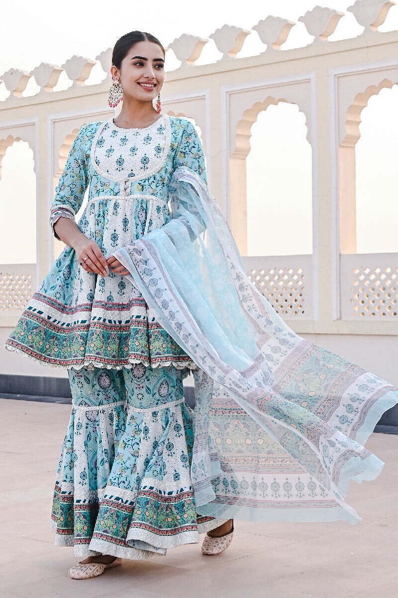 Jhoom Printed Blue-White Flared Kurta With Sharara & Dupatta