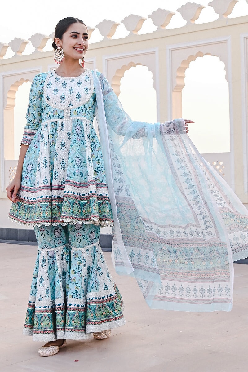 Jhoom Printed Blue-White Flared Kurta With Sharara & Dupatta