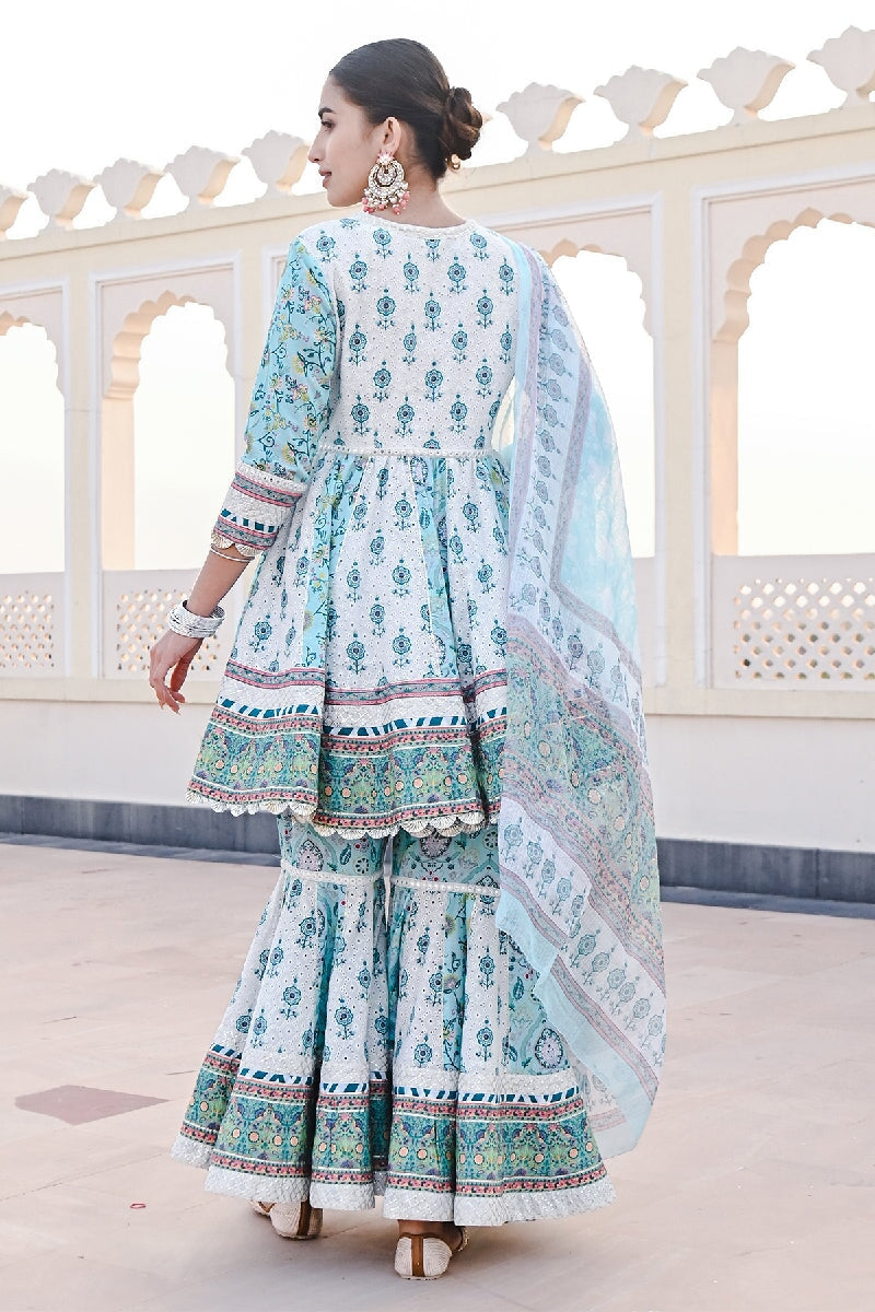 Jhoom Printed Blue-White Flared Kurta With Sharara & Dupatta