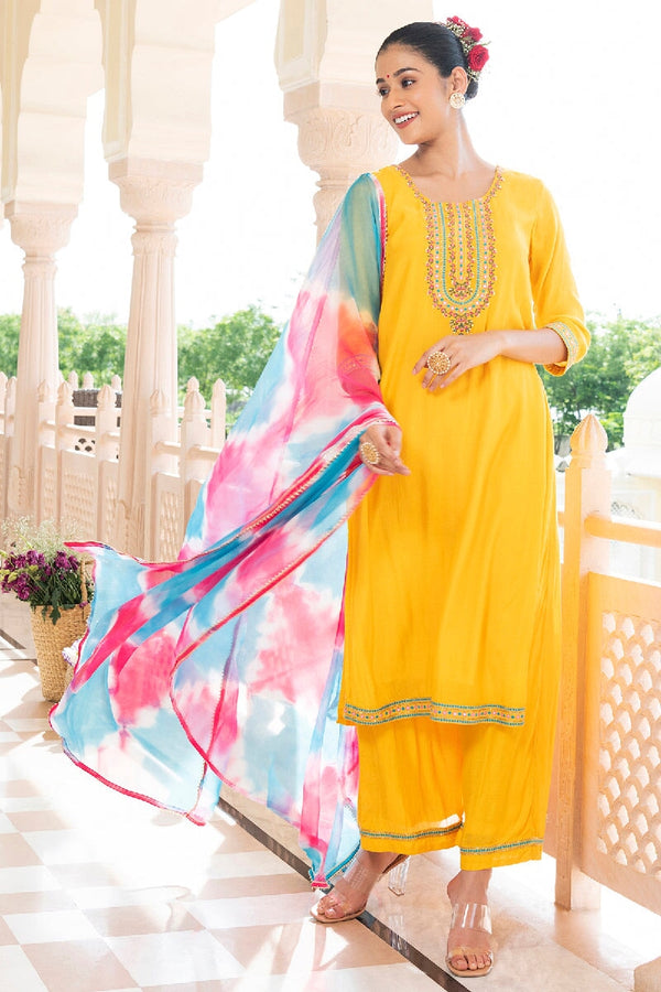 Kaashvi Yellow Embroidered Straight Kurta With Pant & Dupatta