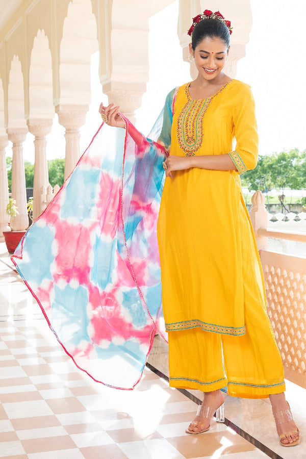 Kaashvi Yellow Embroidered Straight Kurta With Pant & Dupatta