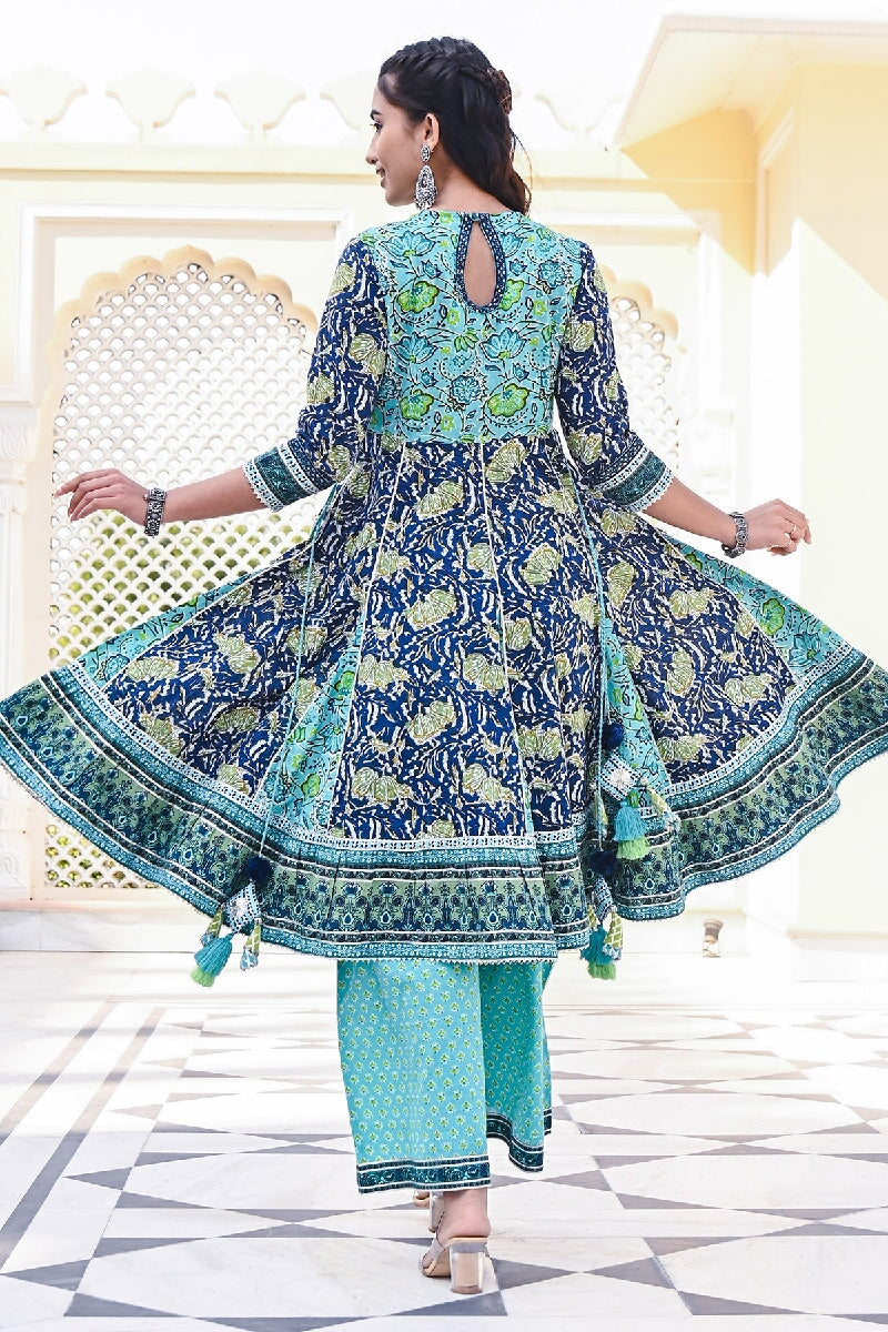 Kajri Printed Green Kalidar Embroidered Kurta With Pant & Dupatta