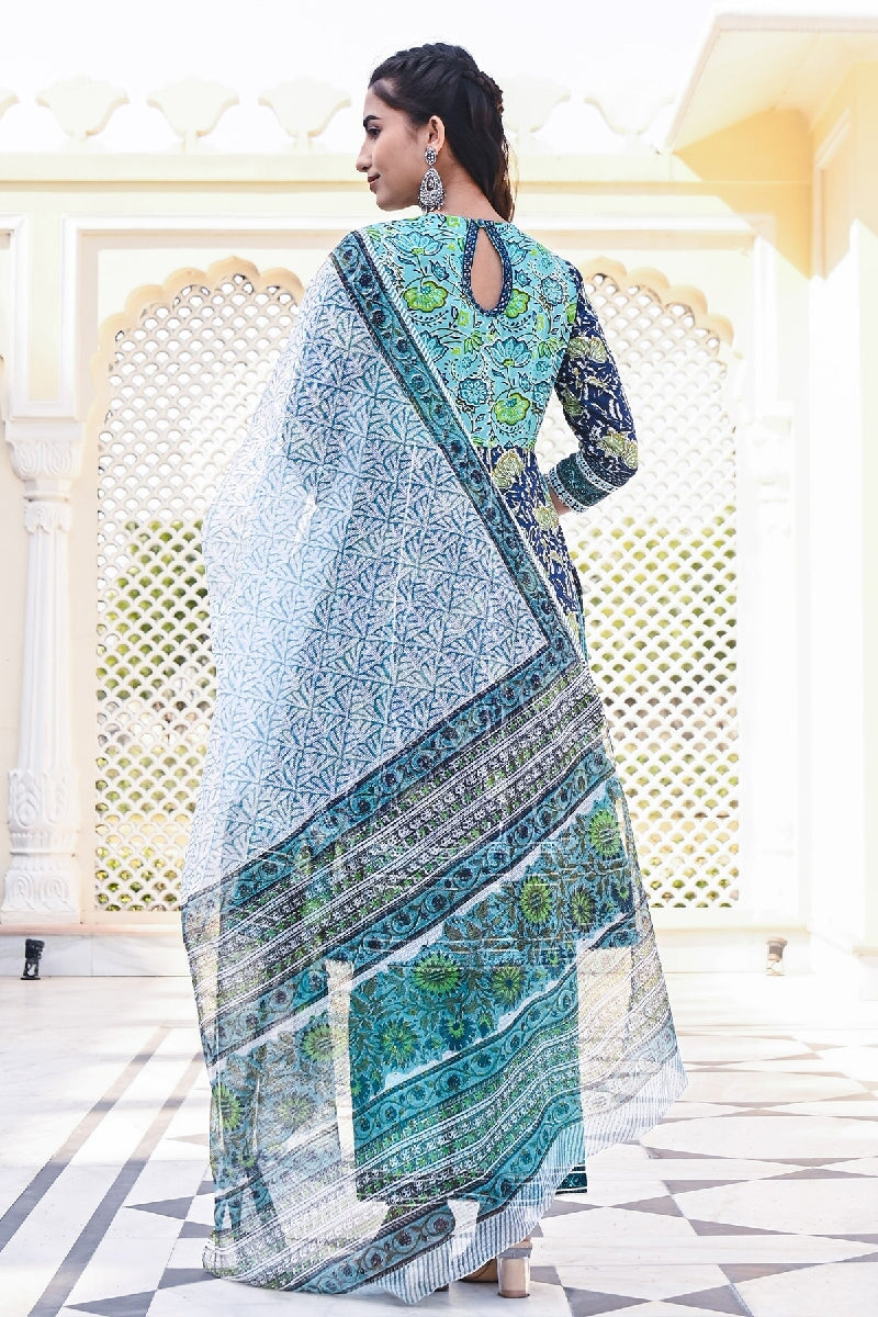 Kajri Printed Green Kalidar Embroidered Kurta With Pant & Dupatta