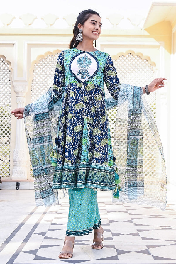 Kajri Printed Green Kalidar Embroidered Kurta With Pant & Dupatta