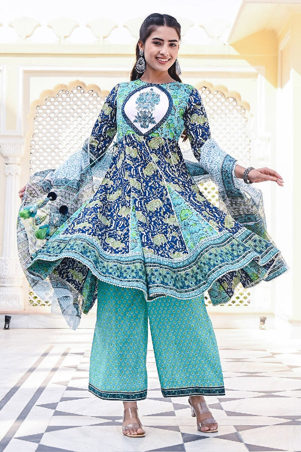 Kajri Printed Green Kalidar Embroidered Kurta With Pant & Dupatta