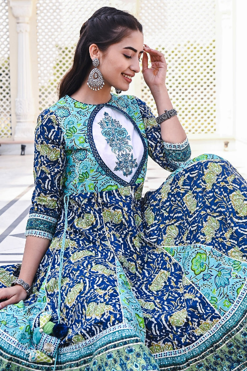 Kajri Printed Green Kalidar Embroidered Kurta With Pant & Dupatta