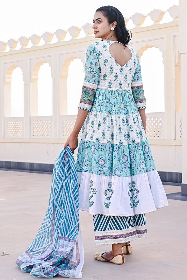 Kashish Printed White-Blue Sequins Flarred Kurta With Wide-Leg Pant & Dupatta