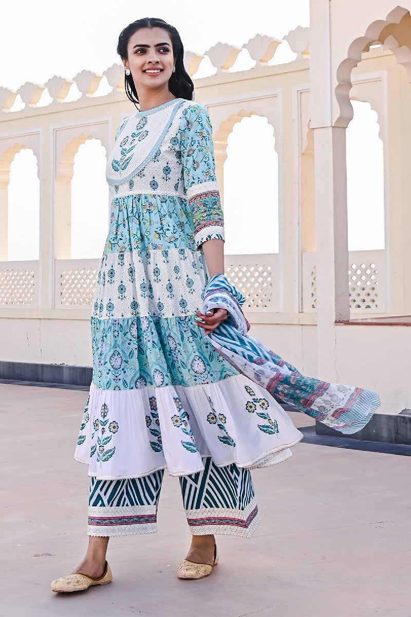 Kashish Printed White-Blue Sequins Flarred Kurta With Wide-Leg Pant & Dupatta