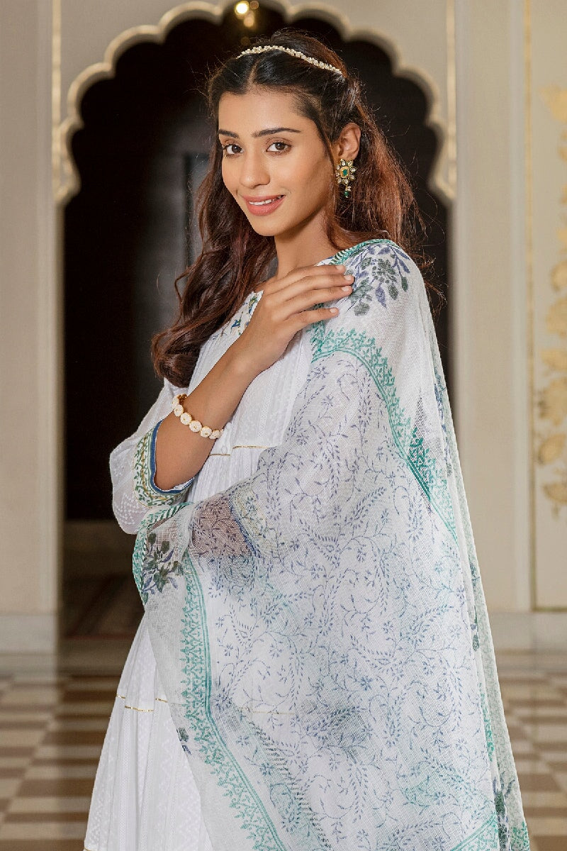 Kasturi White Handblock Printed Flared Kurta With Churidar & Dupatta