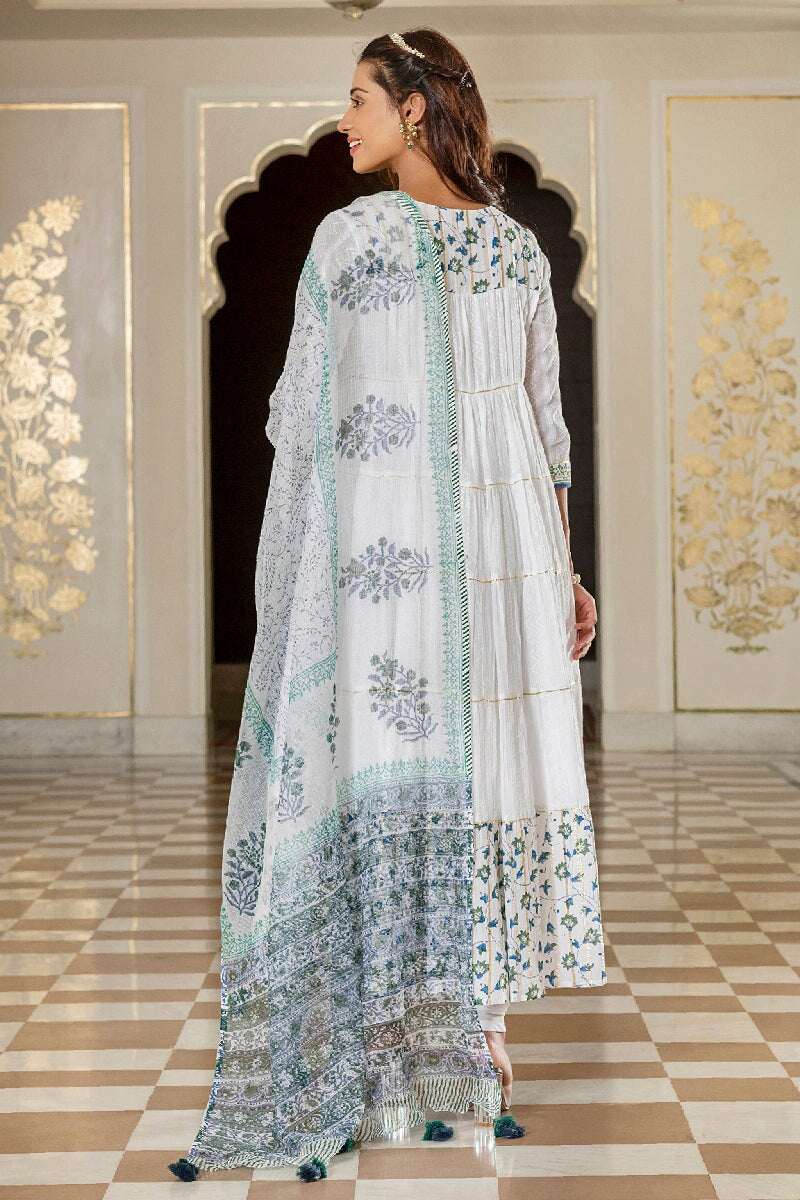 Kasturi White Handblock Printed Flared Kurta With Churidar & Dupatta