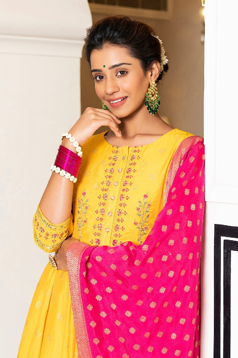 Kavisha Yellow Rogan Embroidered Flared Kurta With Pant & Silk Dupatta