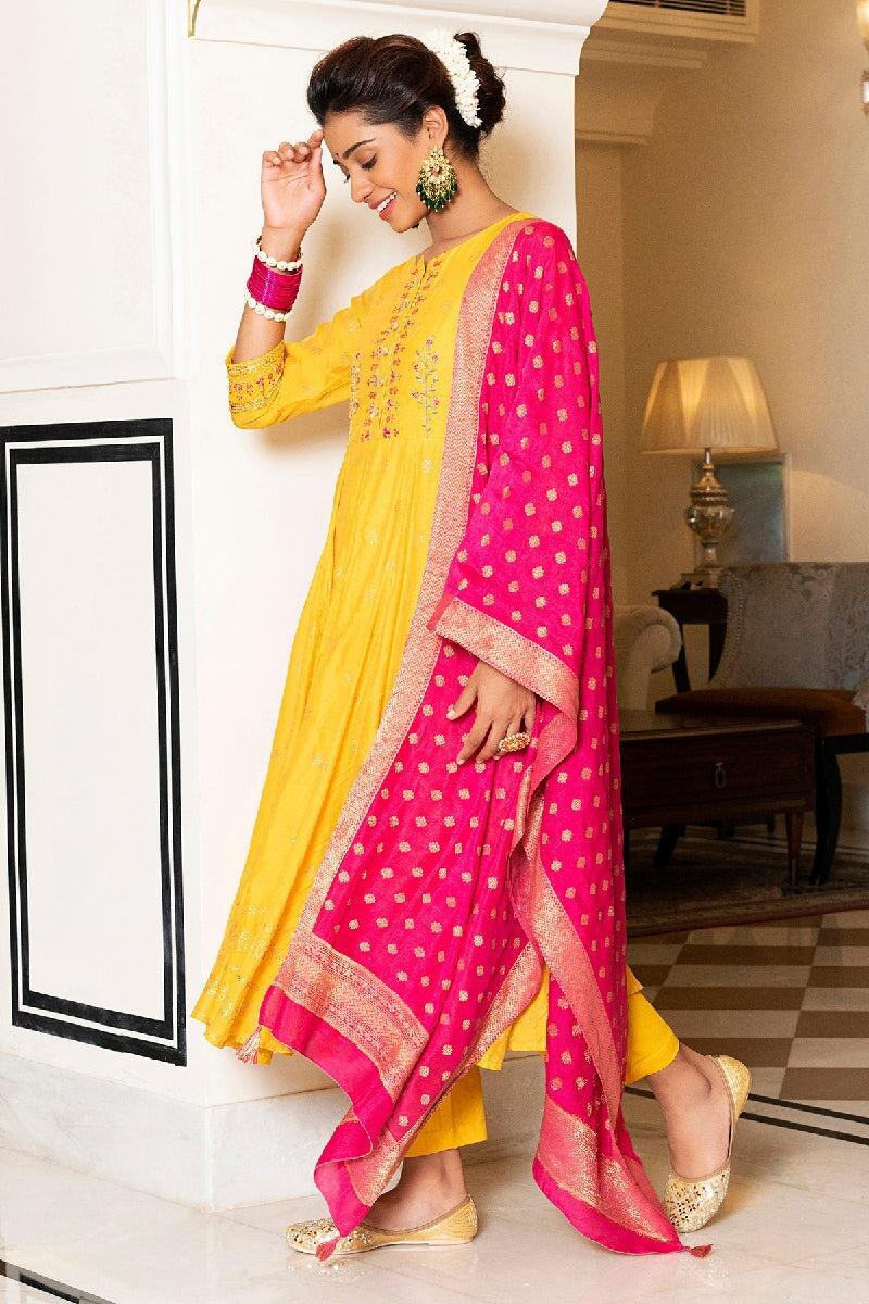 Kavisha Yellow Rogan Embroidered Flared Kurta With Pant & Silk Dupatta