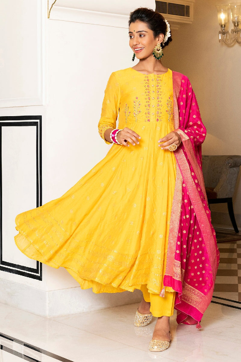 Kavisha Yellow Rogan Embroidered Flared Kurta With Pant & Silk Dupatta