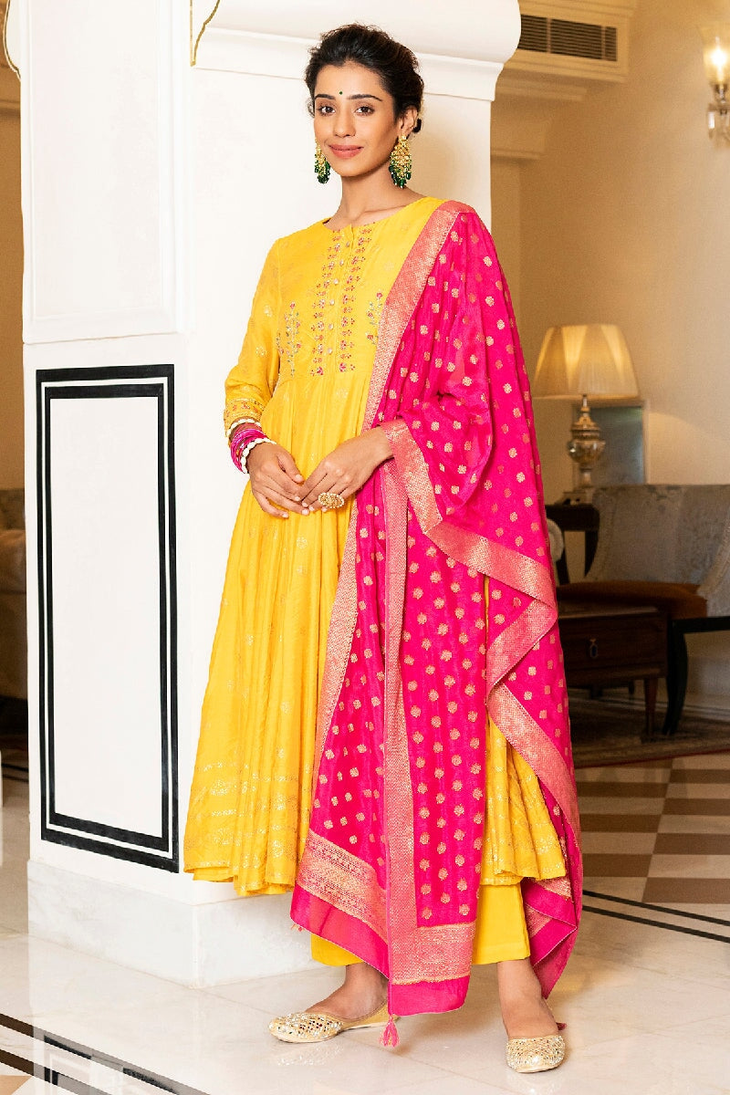 Kavisha Yellow Rogan Embroidered Flared Kurta With Pant & Silk Dupatta