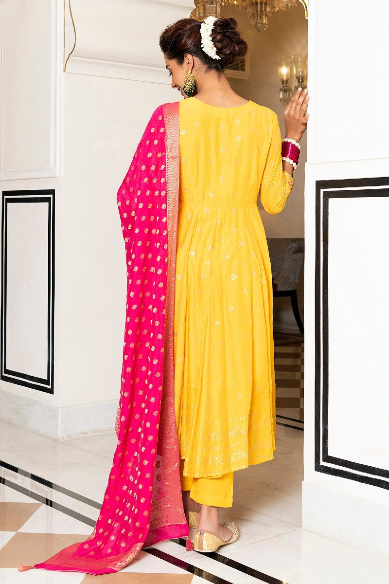 Kavisha Yellow Rogan Embroidered Flared Kurta With Pant & Silk Dupatta