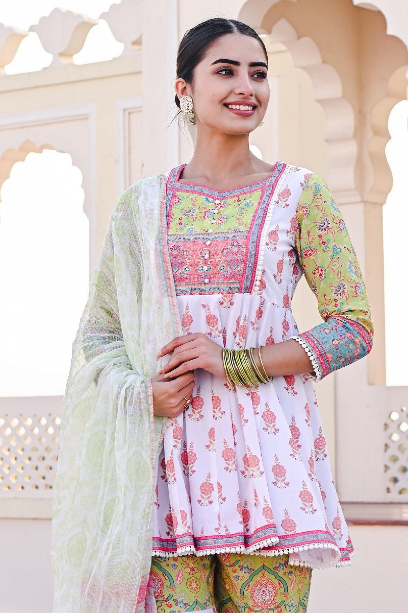 Laila Printed Green-White Sequins Flared Kurta With Sharara & Dupatta