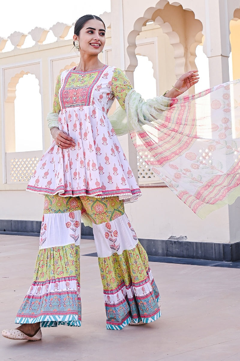 Laila Printed Green-White Sequins Flared Kurta With Sharara & Dupatta