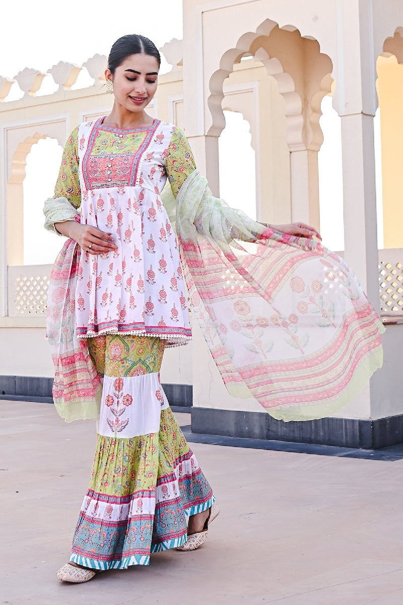 Laila Printed Green-White Sequins Flared Kurta With Sharara & Dupatta