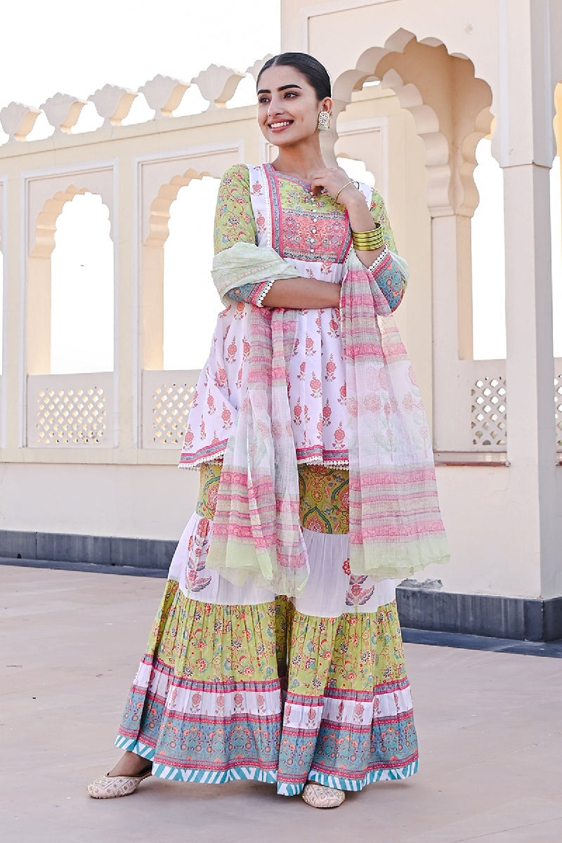 Laila Printed Green-White Sequins Flared Kurta With Sharara & Dupatta